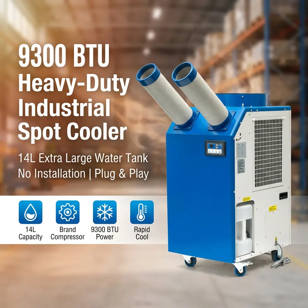 OEM 14L Büyük Tank 2700 W Güç 9300BTU Döner Kompresör Atölye için Taşınabilir Spot Soğutucu Endüstriyel Klima